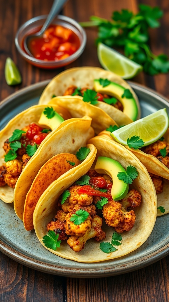 Vegan Cauliflower Tacos Recipe Vegan cauliflower tacos with avocado and cilantro on a wooden table with salsa and lime.